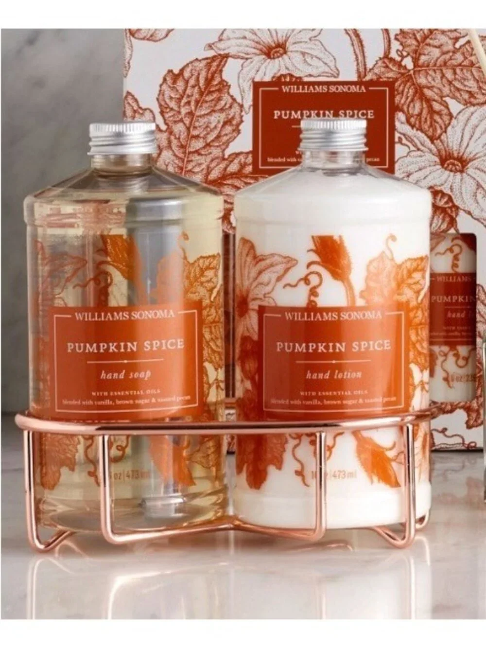 Williams-Sonoma 16 oz. Pumpkin Spice Hand Soap Lotion Refills Gold Caddy